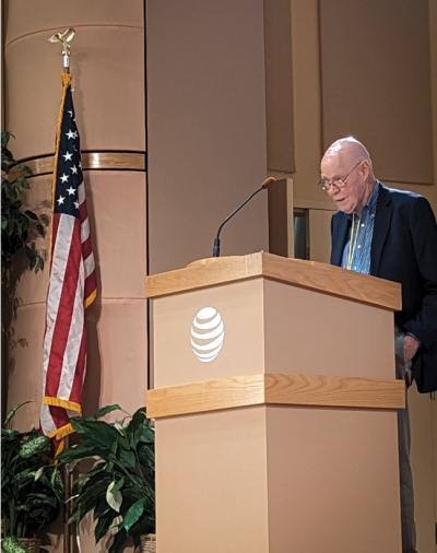 Bob Wilson sharing the historic discovery of Cosmic Background Radiation (the Big Bang) in the AT&T Middletown auditorium.